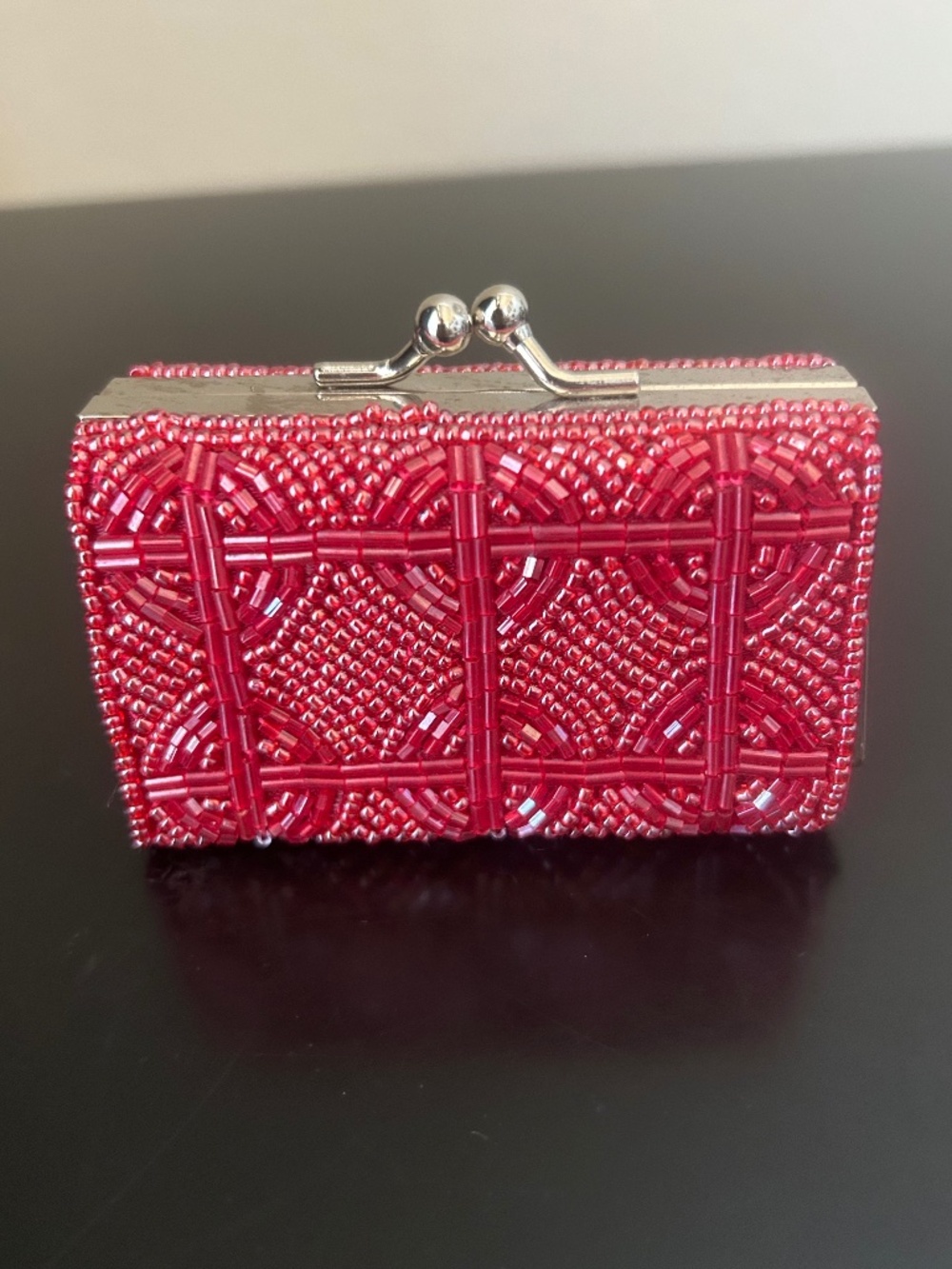 Red Beaded Coin Purse or Lipstick Case.